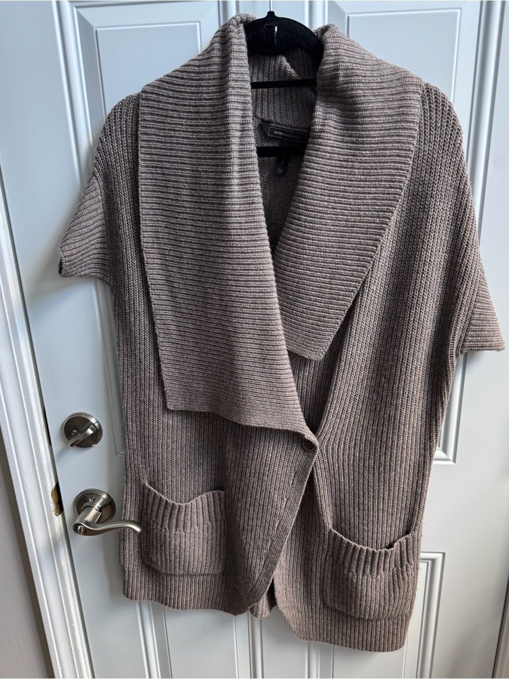 BCBG Cashmere Blend Shawl Collar Ribbed Long Cardigan Sweater - Taupe